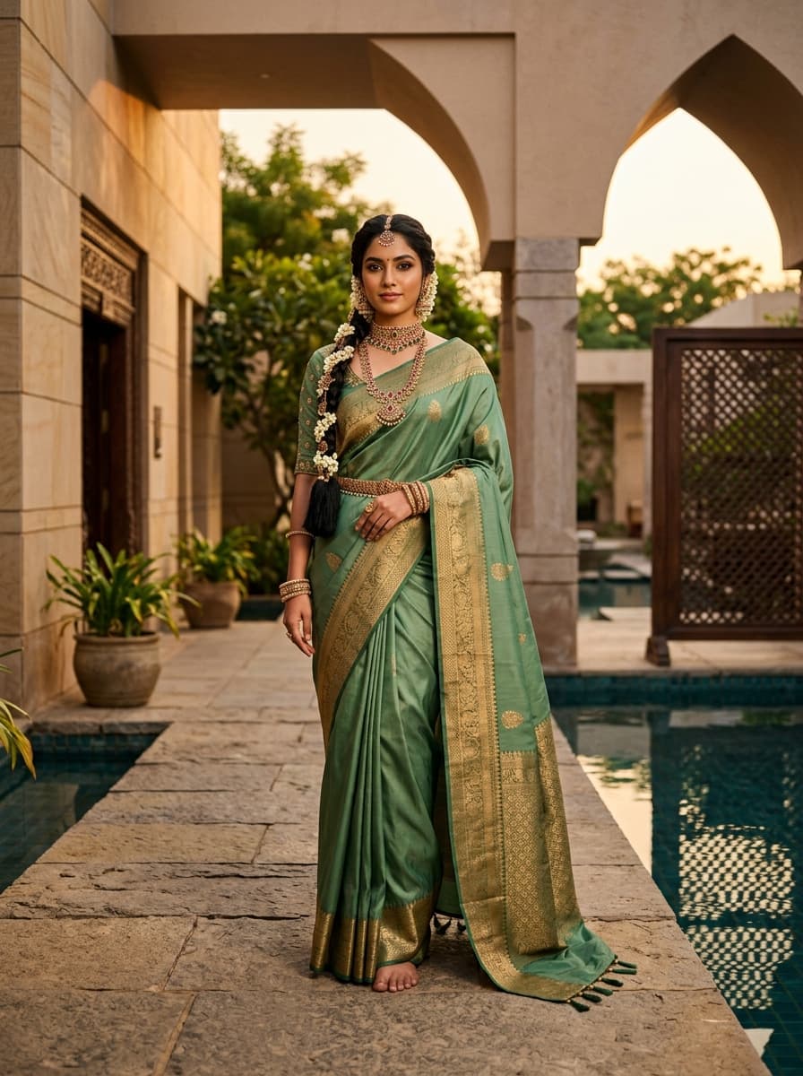 Andhra Gadwal Handloomed Silk Saree in Emerald Sage