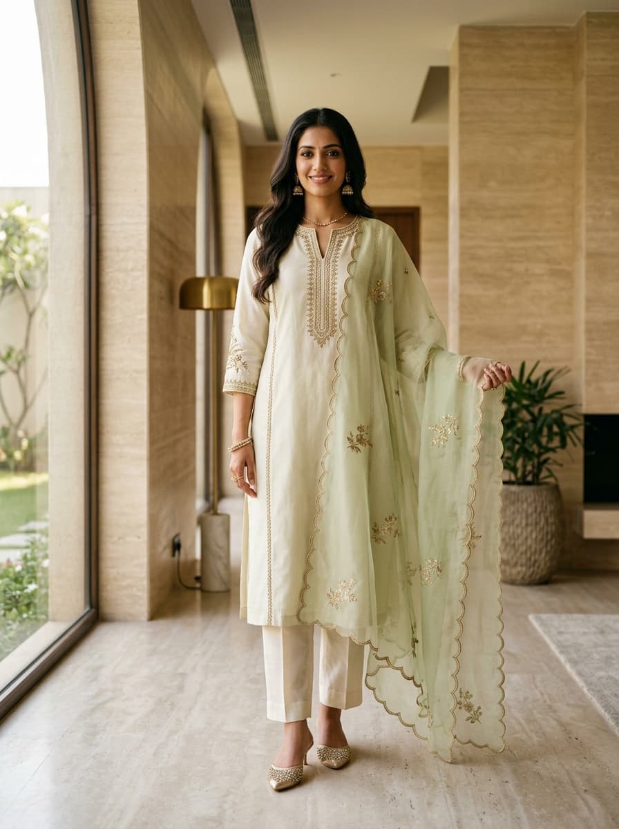 Three-Piece Handcrafted Chanderi Kurti & Scalloped Dupatta Set