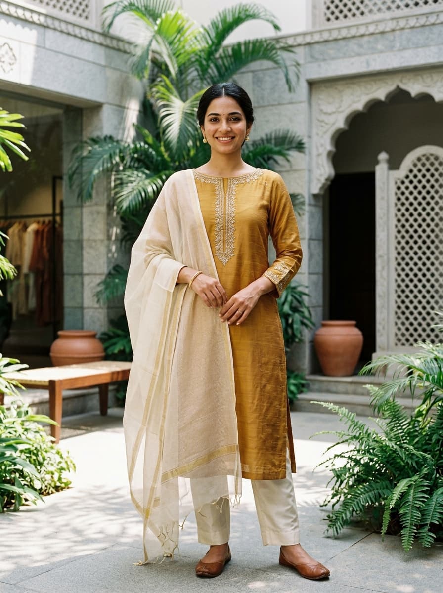 Ochre Mustard Handloom Silk Kurti & Kota Doria Dupatta Set