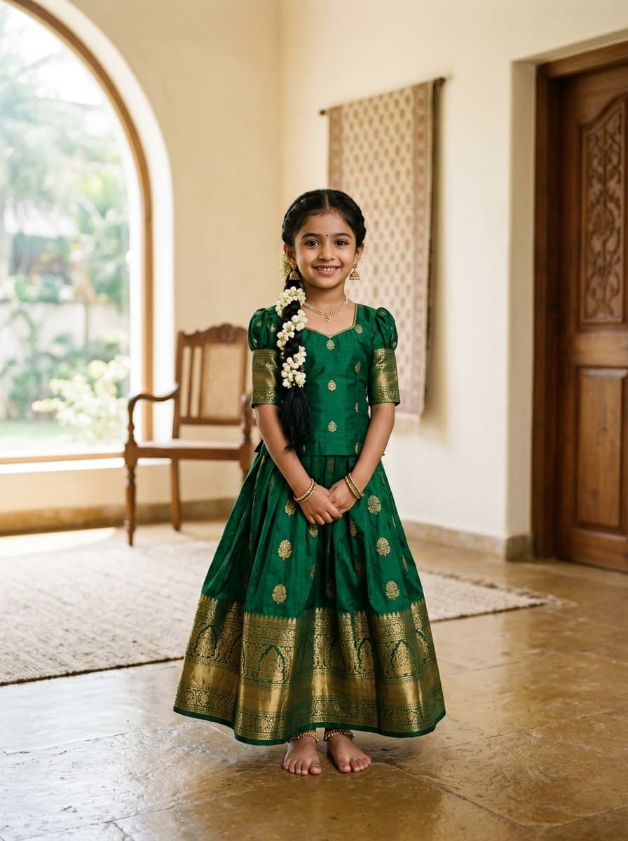 Emerald Green & Antique Gold Pure Silk Langa Pavada Set