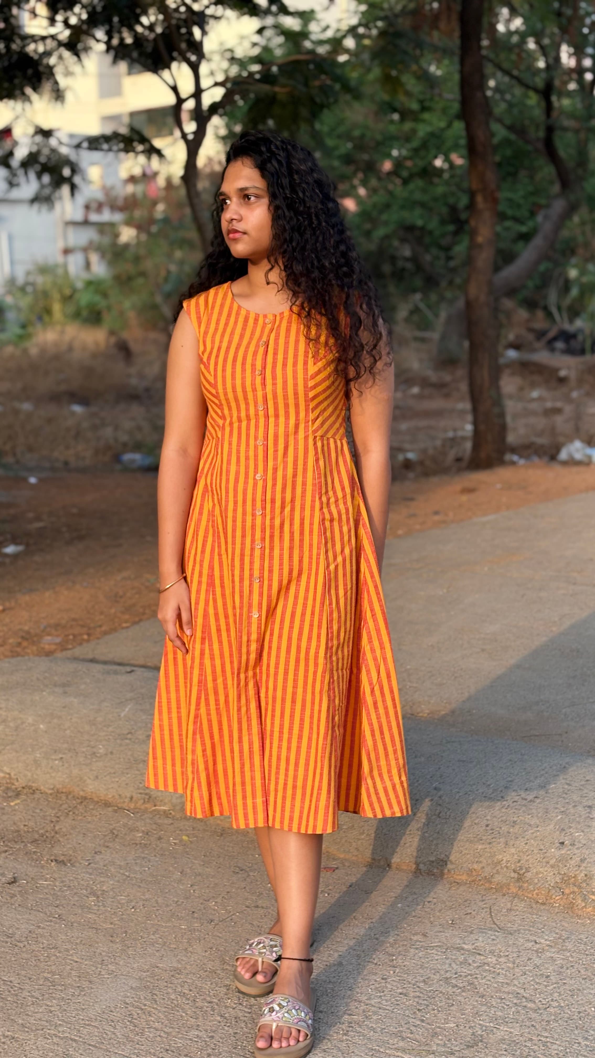 Saffron & Terracotta Handloom Striped Midi Dress alternate view