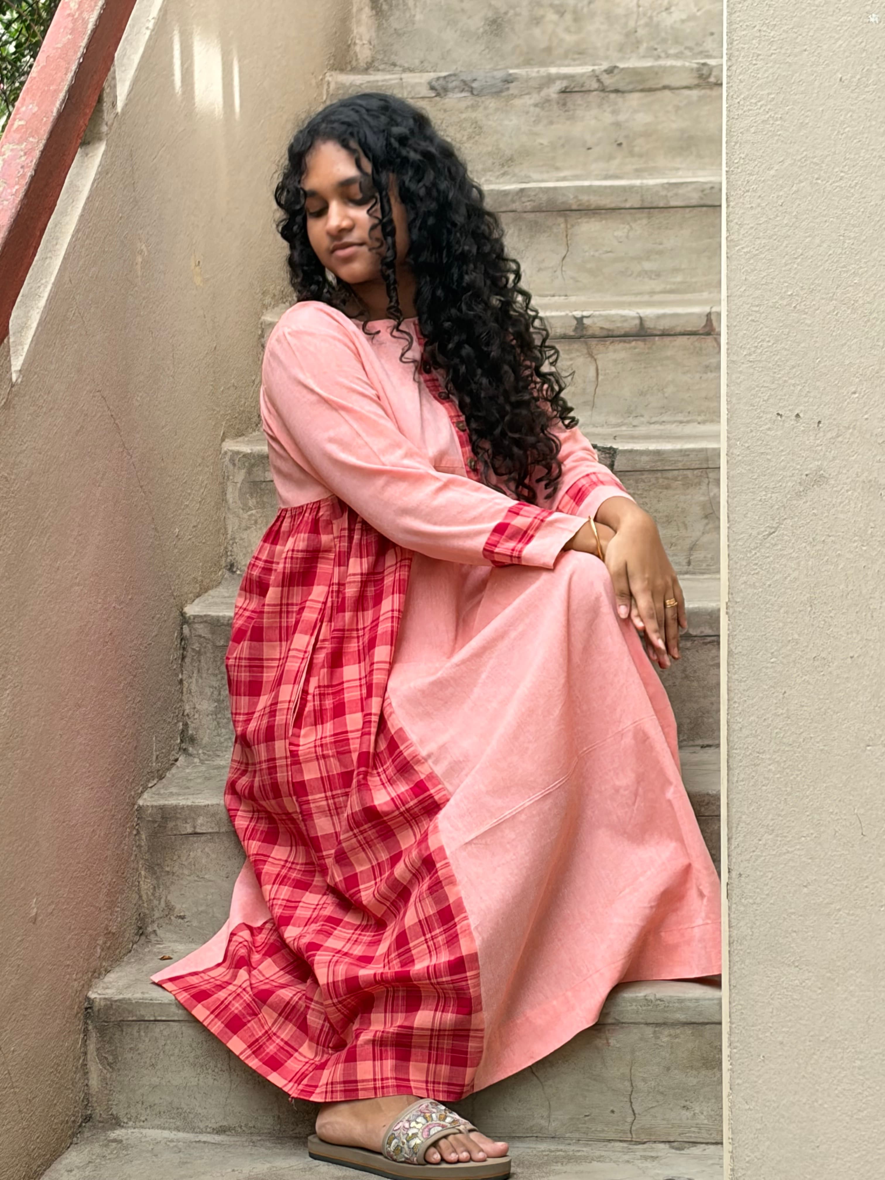 Rose Peach & Madras Plaid Pleated Handloom Tunic alternate view