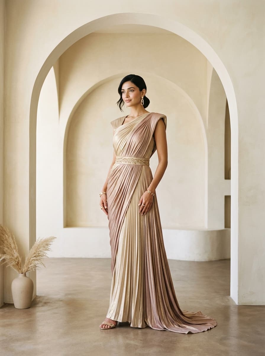 Champagne Dual-Tone Pleated Occasion Gown