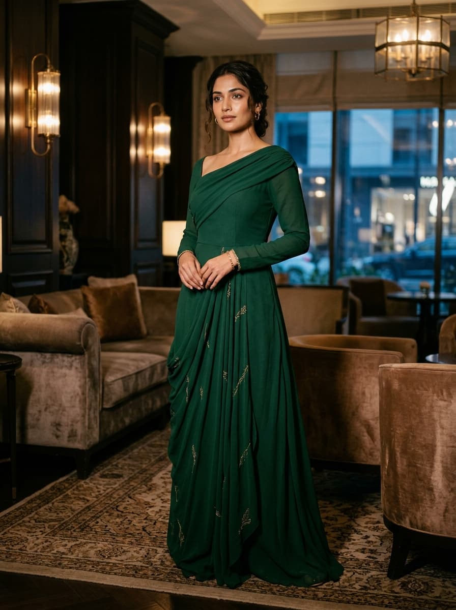 Emerald Green Sculpted Asymmetric Drape Evening Gown
