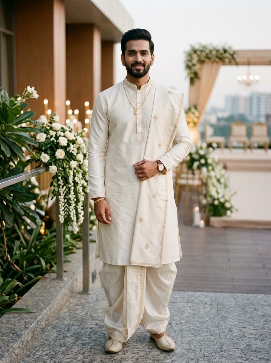 Heritage Ivory Silk Kurta, Pancha & Angavastram Groom Ensemble
