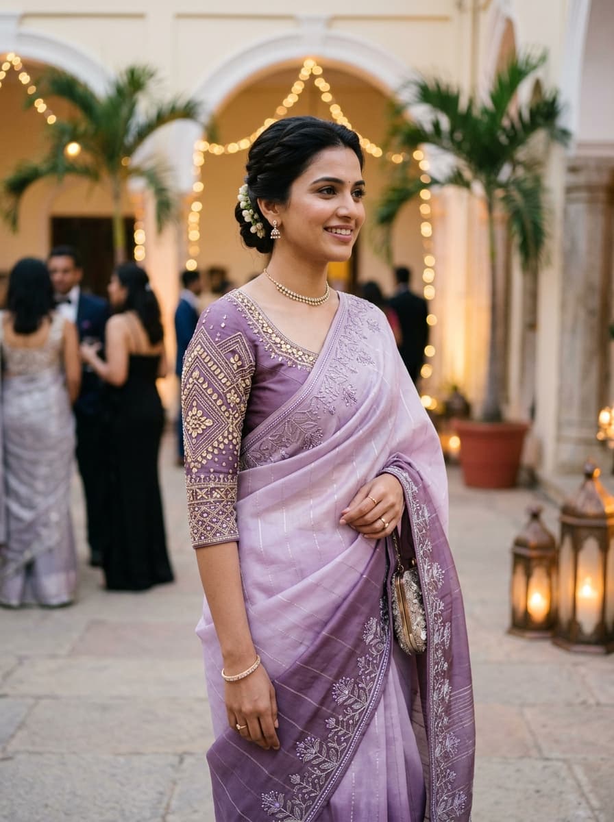 Lilac Lavender Shaded Organza Saree & Embroidered Blouse Set